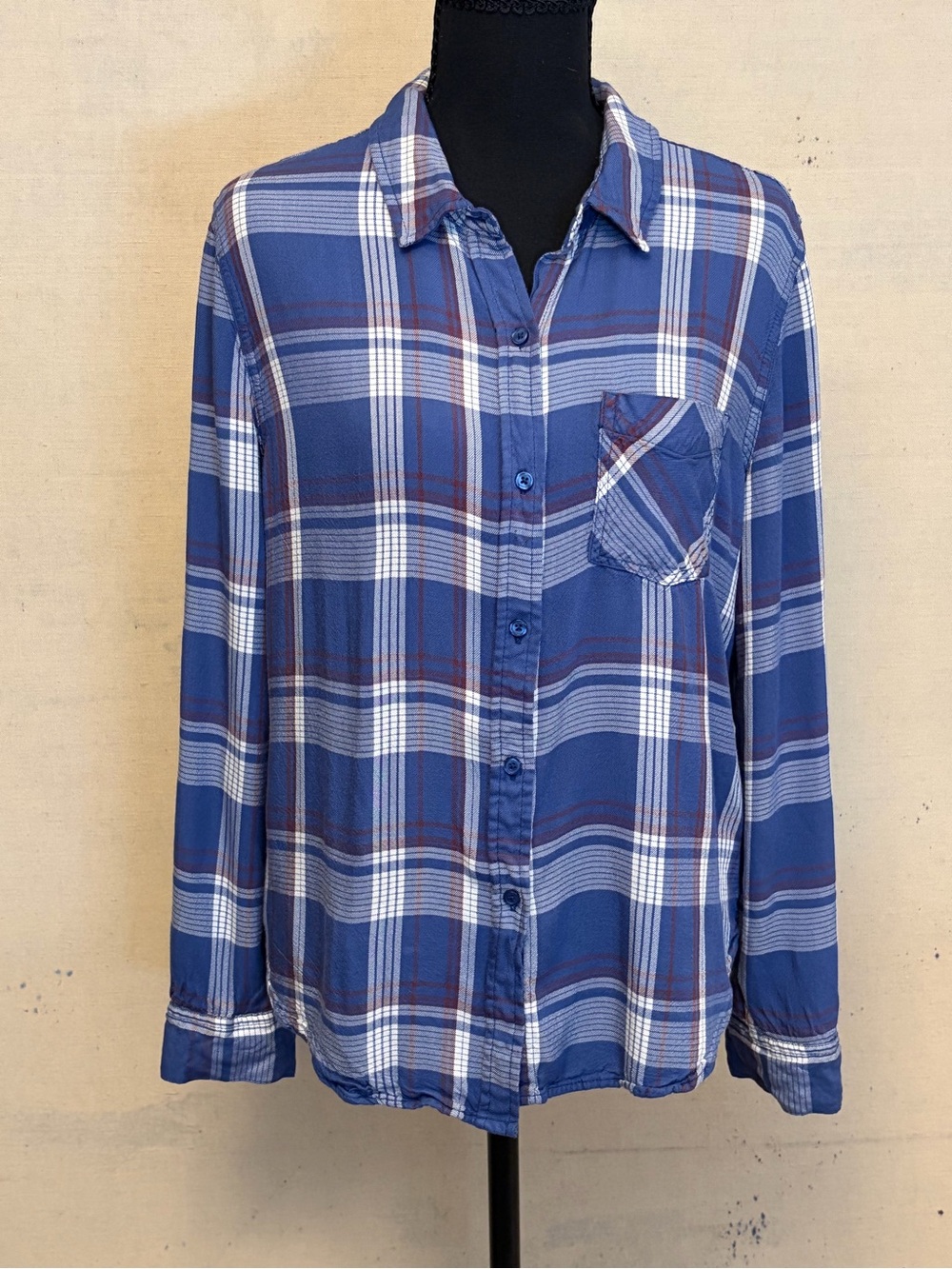Women’s Como Vintage Lightweight Blue Plaid Button-Down Shirt, Size Medium